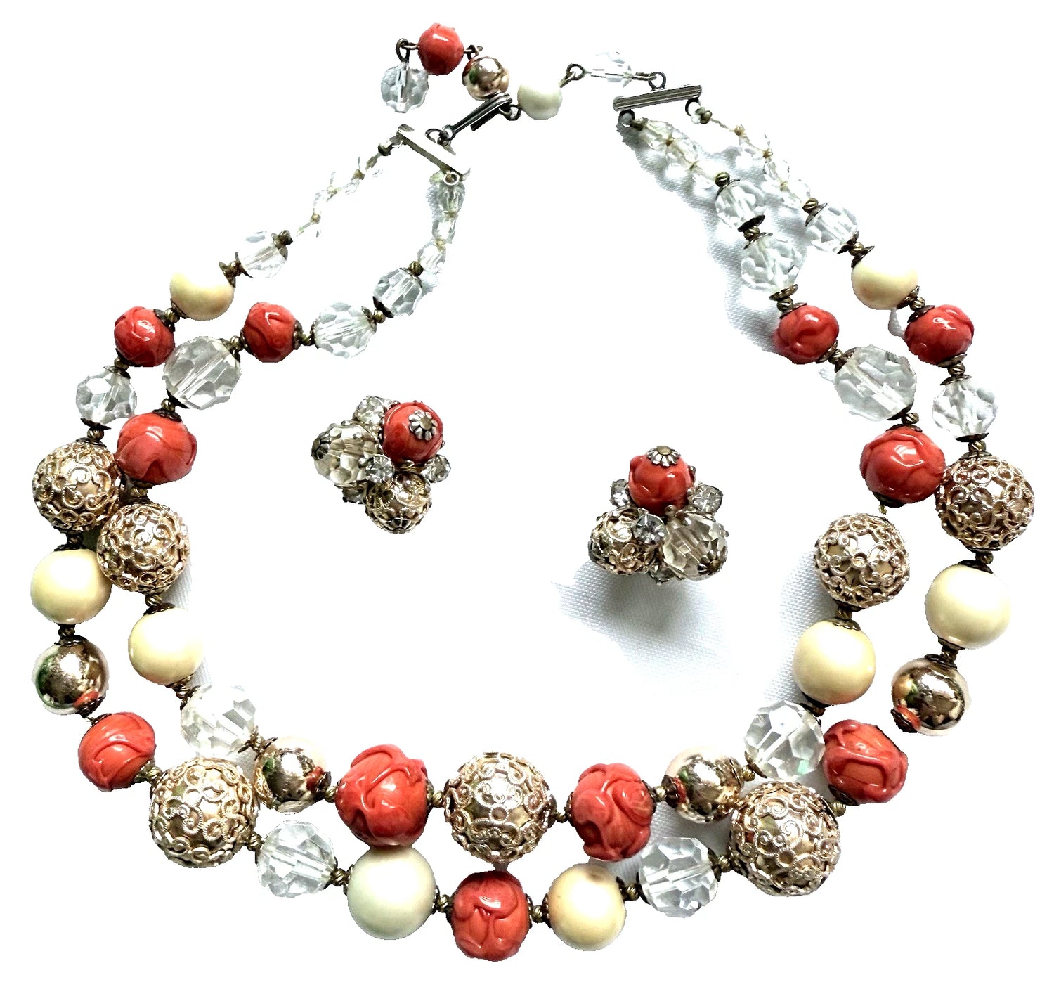 Vintage 50s Mad Men Statement Doubled Strand Necklace &amp; Earrings Signed Vogue