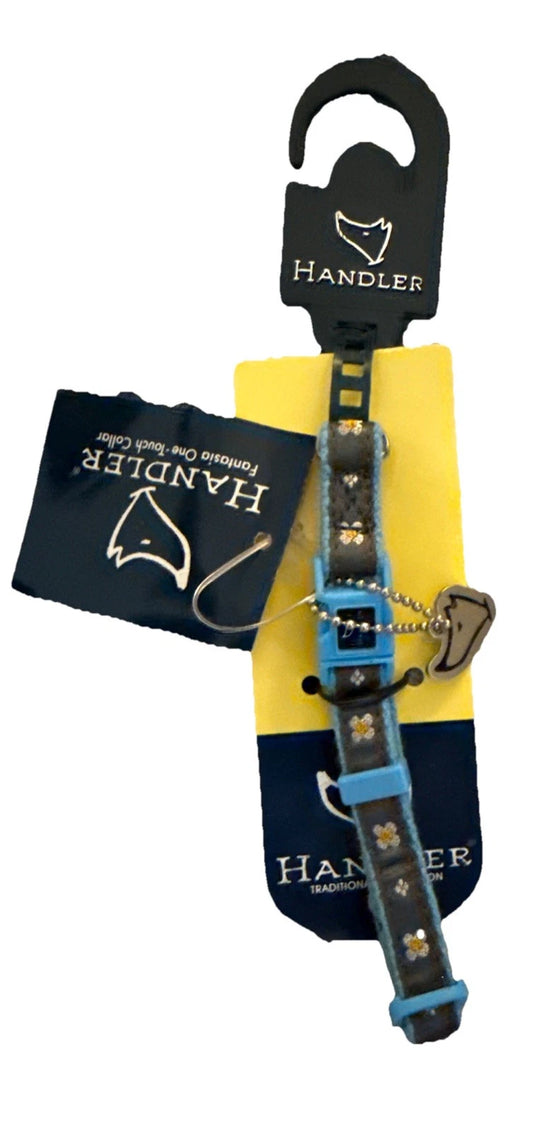 New Standard Adjustable Blue Light Black Fabric Dog Collar by Handler to 13 Lbs